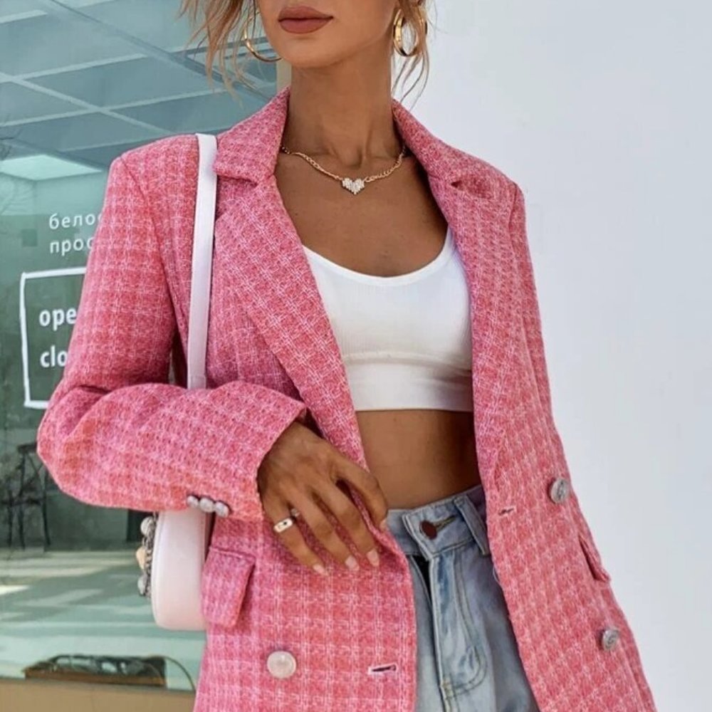 COPY - Pink Plaid Double Breasted Tweed Blazer